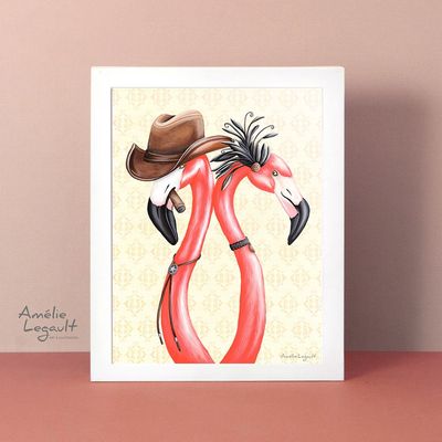 Flamants cowboy et saloon girl - Affiche murale