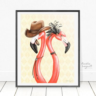 Flamants cowboy et saloon girl - Affiche murale