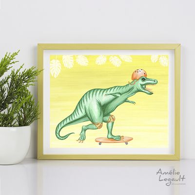 Tyrannosaure en planche à roulettes - Affiche murale