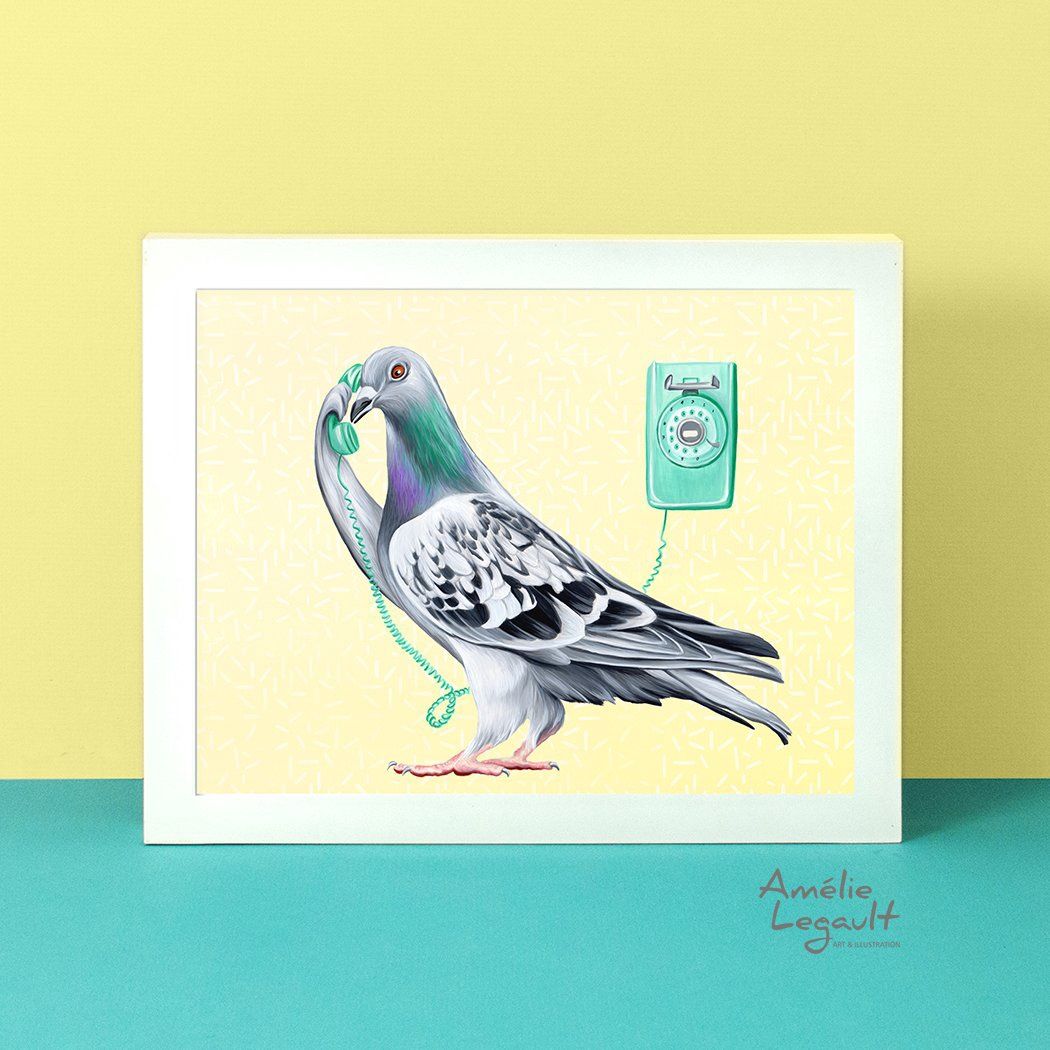 Pigeon au téléphone - Affiche murale