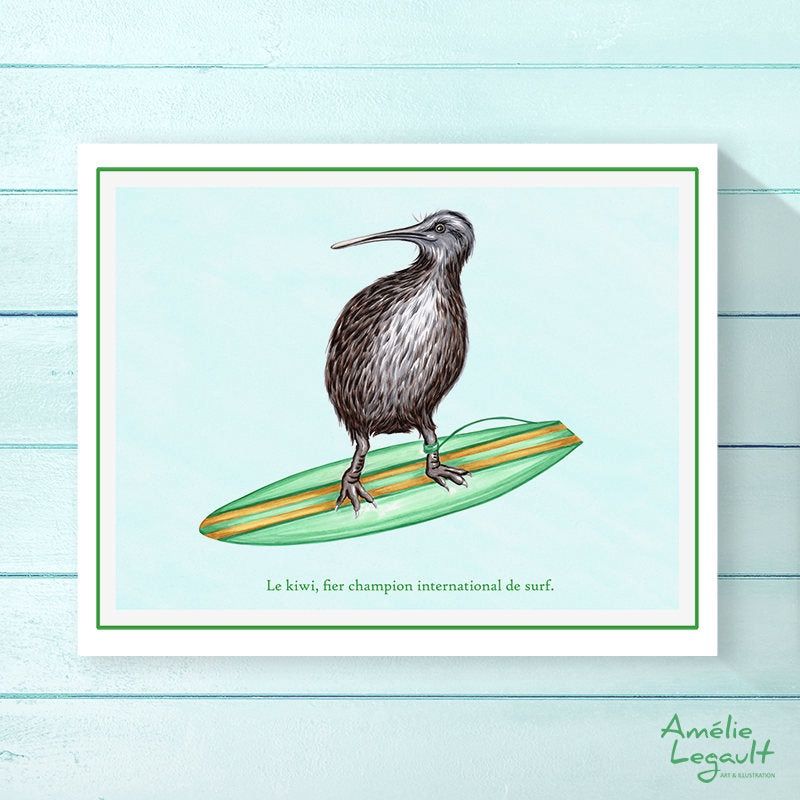 Kiwi en surf - Affiche murale, LANGUAGE: Français, Size: 8&#39;&#39; x 10&#39;&#39; (20.3 x 25.4 cm)