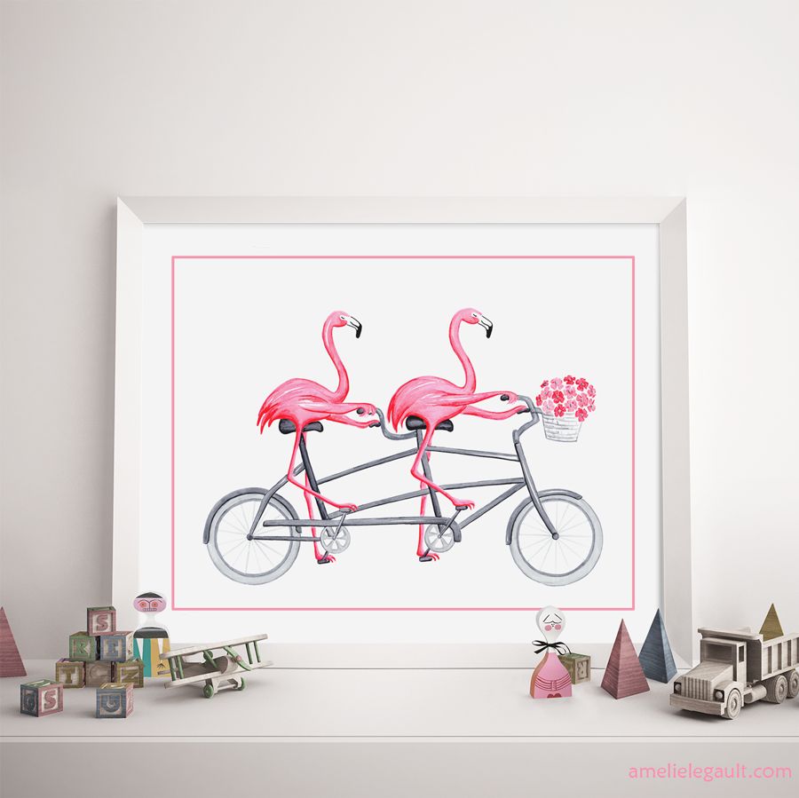Flamants en vélo tandem - Affiche murale