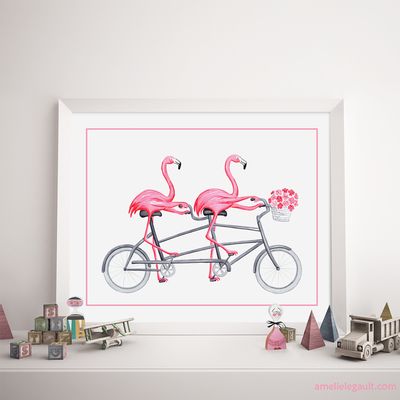 Flamants en vélo tandem - Affiche murale