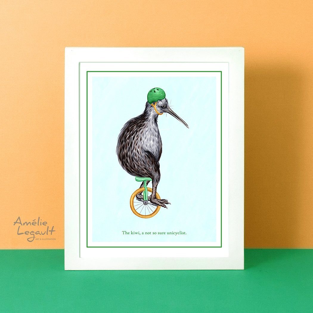 Kiwi en unicycle - Affiche murale, LANGUAGE: Français, Size: 8&#39;&#39; x 10&#39;&#39; (20.3 x 25.4 cm)
