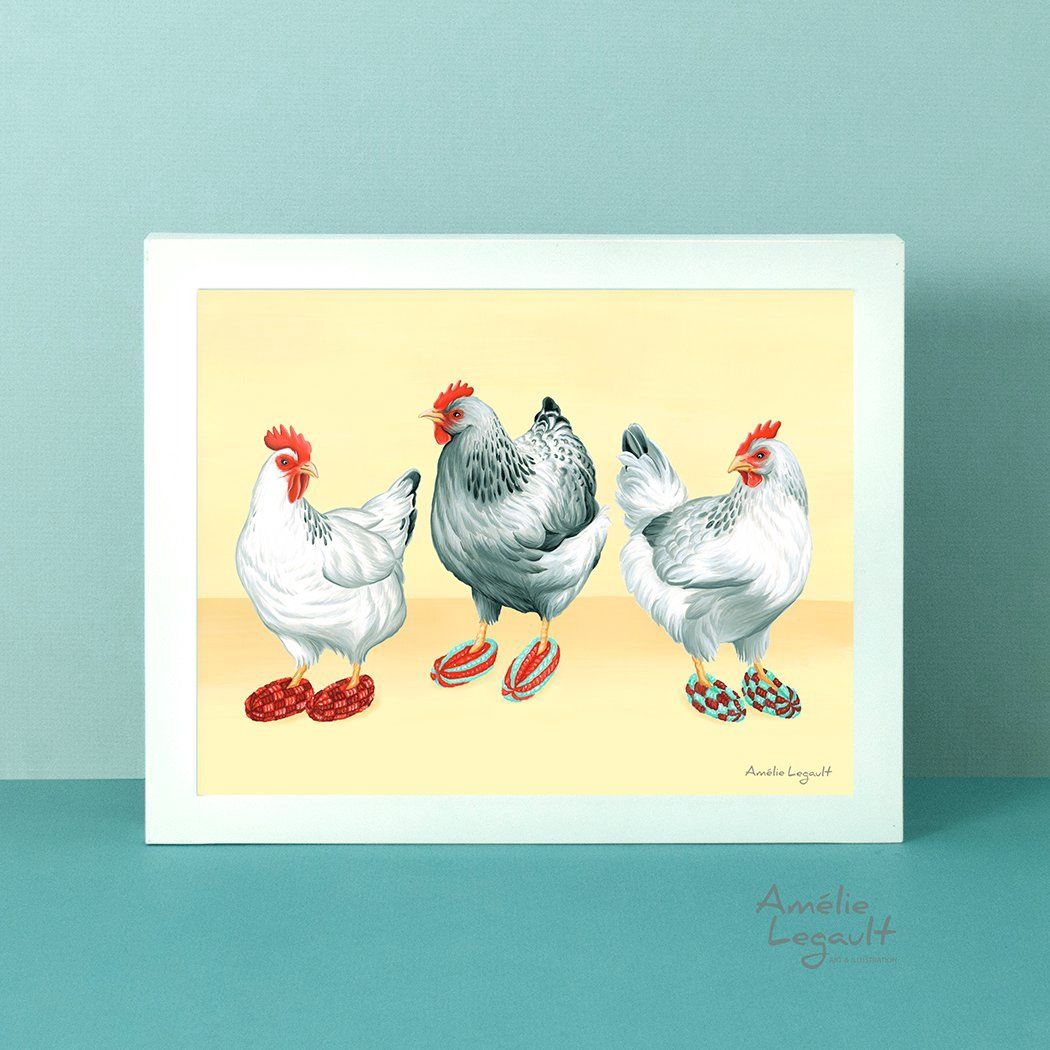 Poules en pantoufles - Affiche murale
