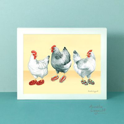 Poules en pantoufles - Affiche murale