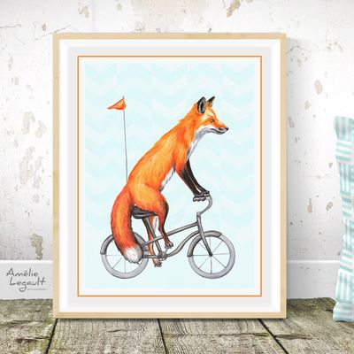 Affiche murale renard à bicyclette