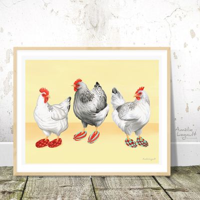 Poules en pantoufles - Affiche murale