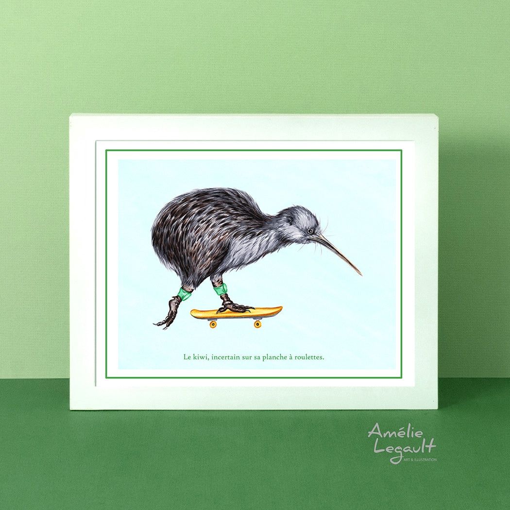 Kiwi en skateboard - Affiche murale, LANGUAGE: Français, Size: 8&#39;&#39; x 10&#39;&#39; (20.3 x 25.4 cm)