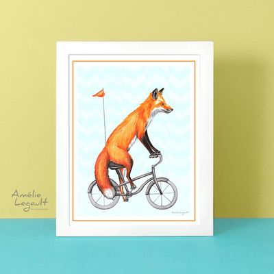 Affiche murale renard à bicyclette