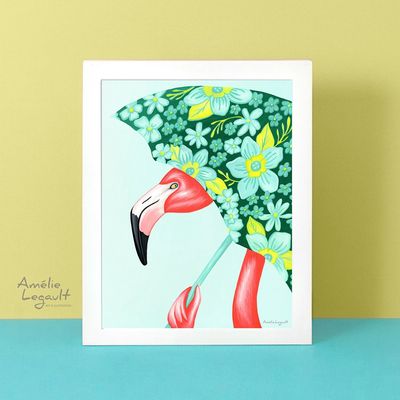 Flamants roses au parapluie - Affiche murale