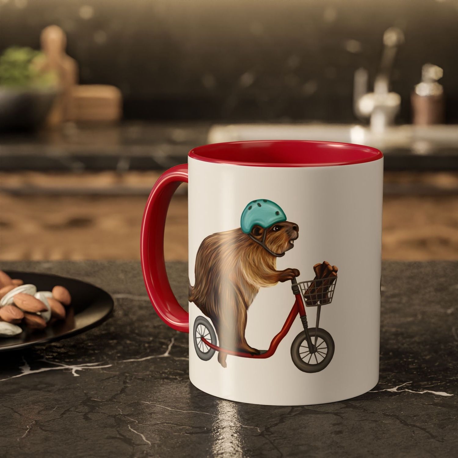 Tasse castor sur un scooter