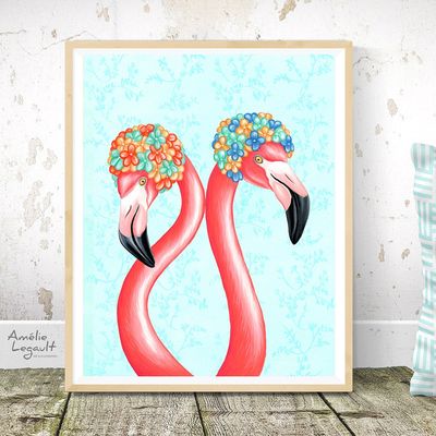Flamants roses casques de bain - Affiche murale
