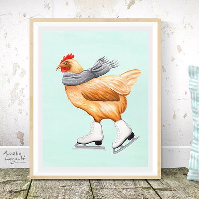 Poule en patins à glace - Affiche murale