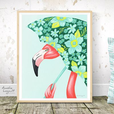 Flamants roses au parapluie - Affiche murale