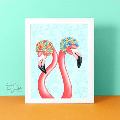 Flamants roses casques de bain - Affiche murale