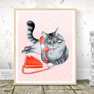 Chat au téléphone - Affiche murale