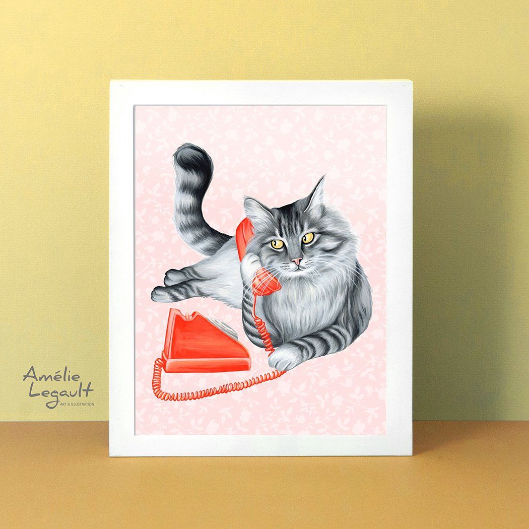 Chat au téléphone - Affiche murale