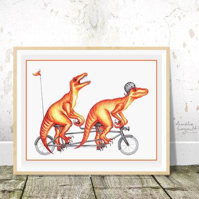 Vélociraptors en vélo tandem - Affiche murale