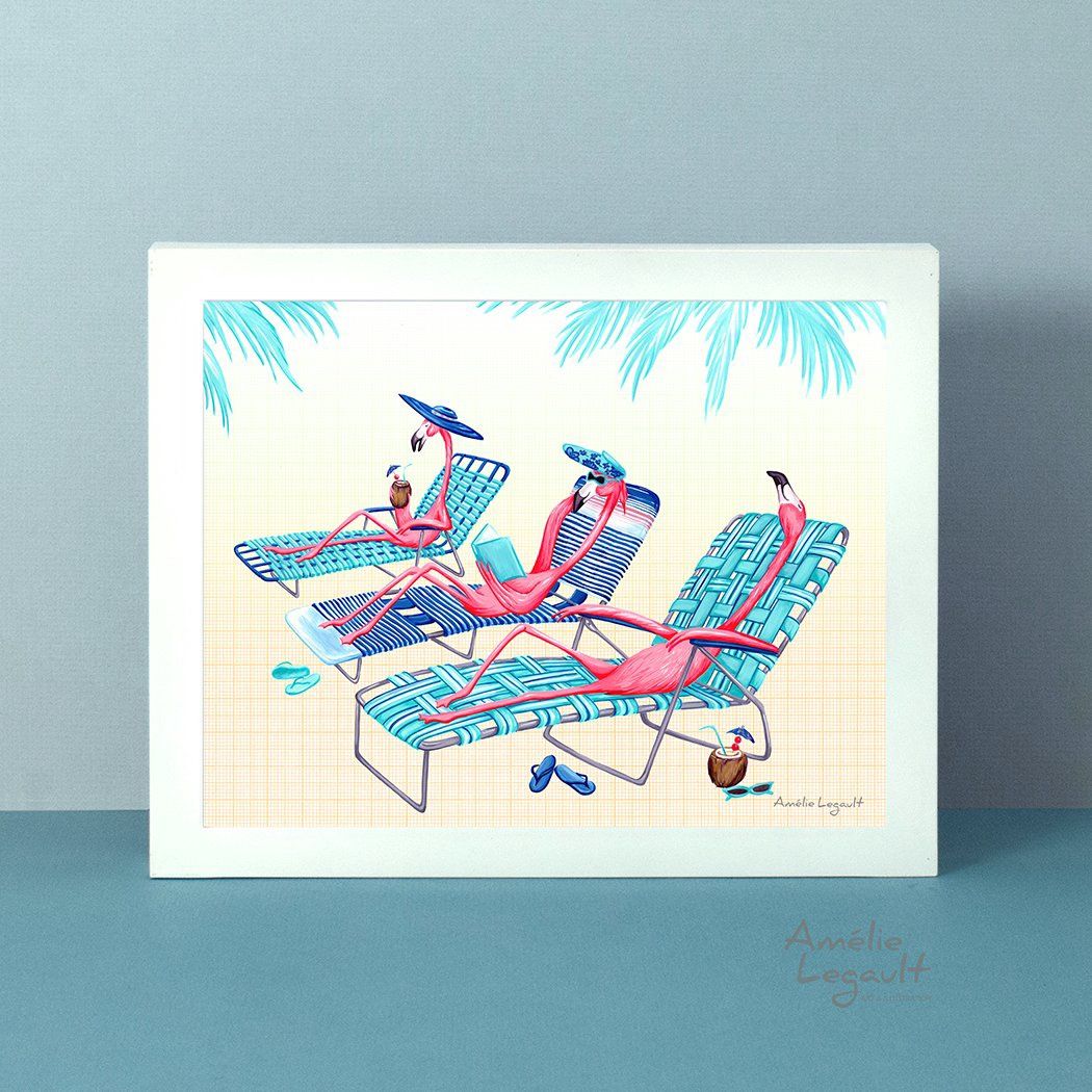 Flamants roses à la plage - Affiche murale