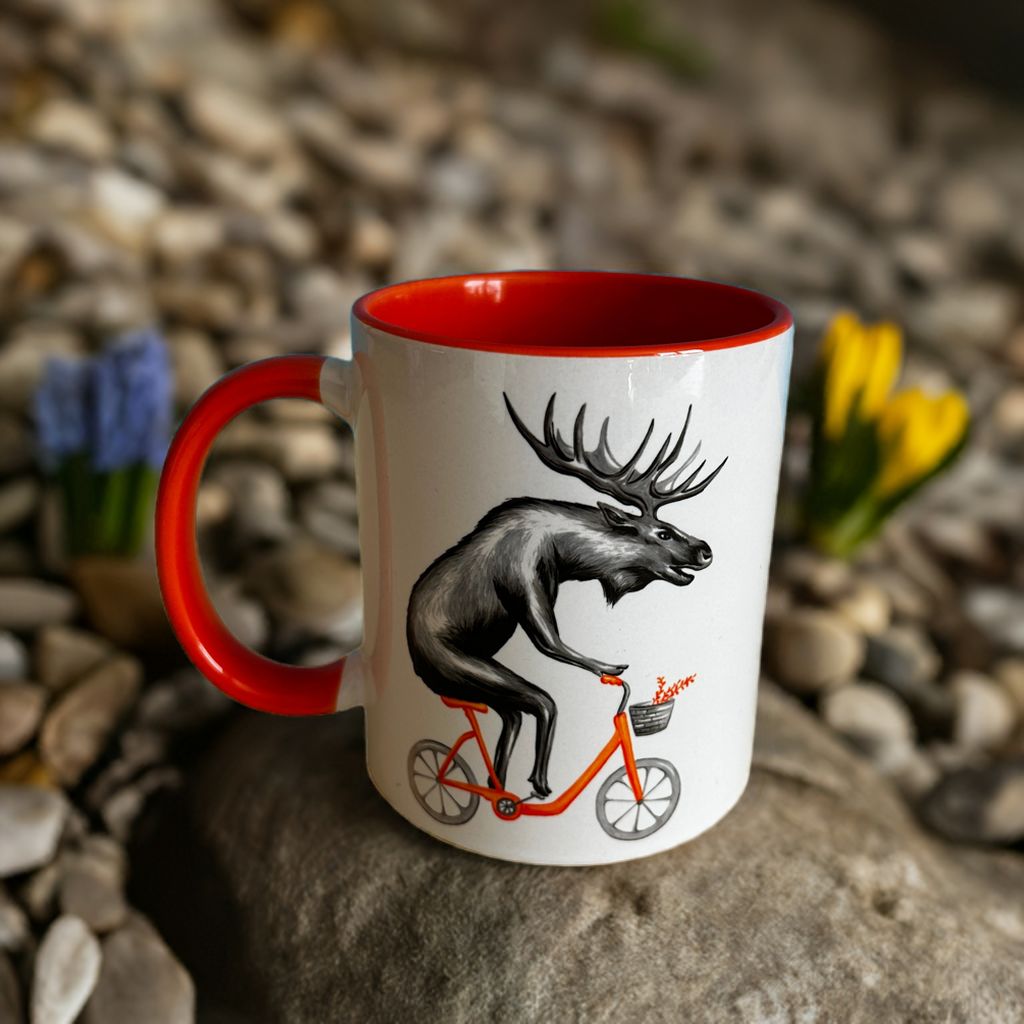 Tasse orignal, ours et renard en vélo