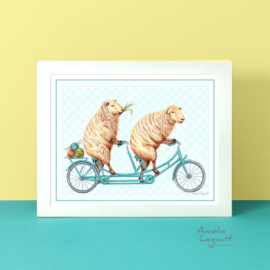 Moutons en vélo tandem - Affiche murale