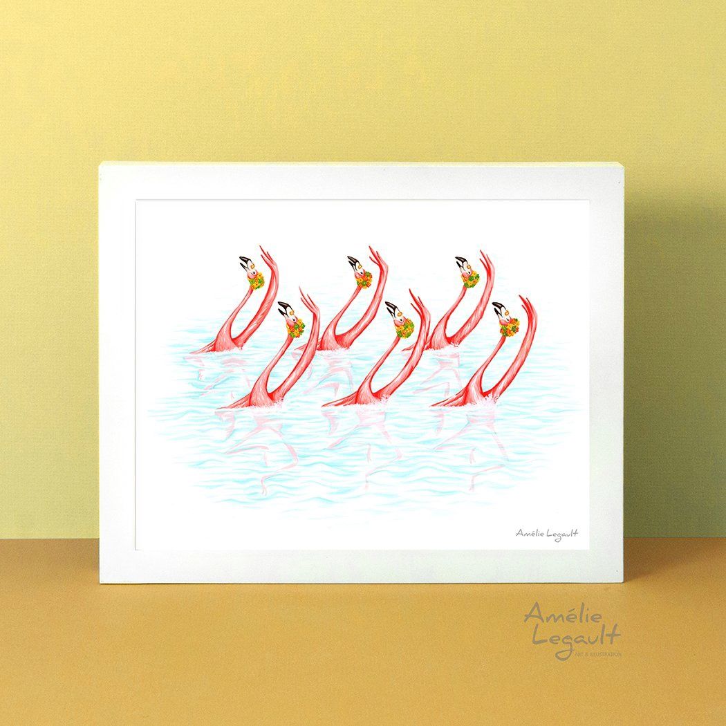 Flamants roses nage synchronisée - Affiche murale