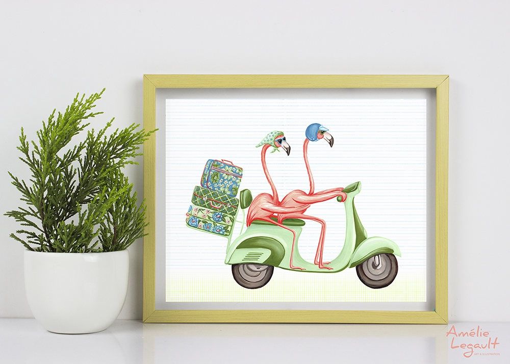 Flamants roses en scooter - Affiche murale, Size: 8&#39;&#39; x 10&#39;&#39; (20.3 x 25.4 cm)