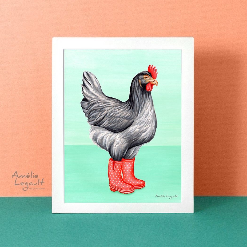 Affiche murale poule en bottes de pluie