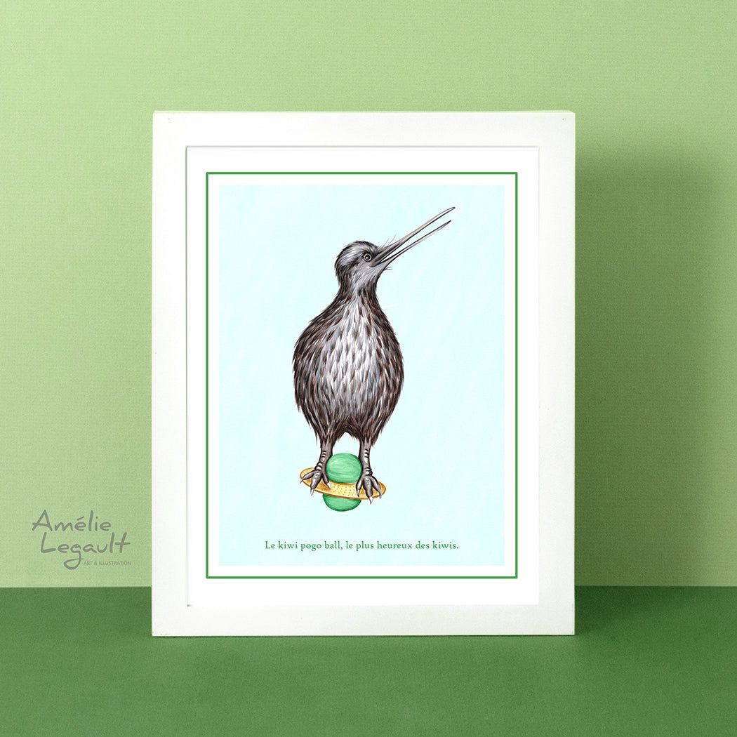 Kiwi qui fait du pogo ball - Affiche murale, LANGUAGE: Français, Size: 8&#39;&#39; x 10&#39;&#39; (20.3 x 25.4 cm)