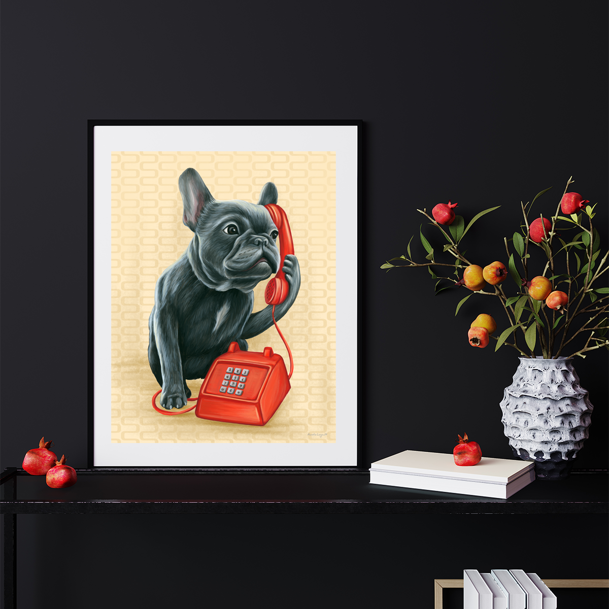 Bouledogue français au téléphone - Affiche murale