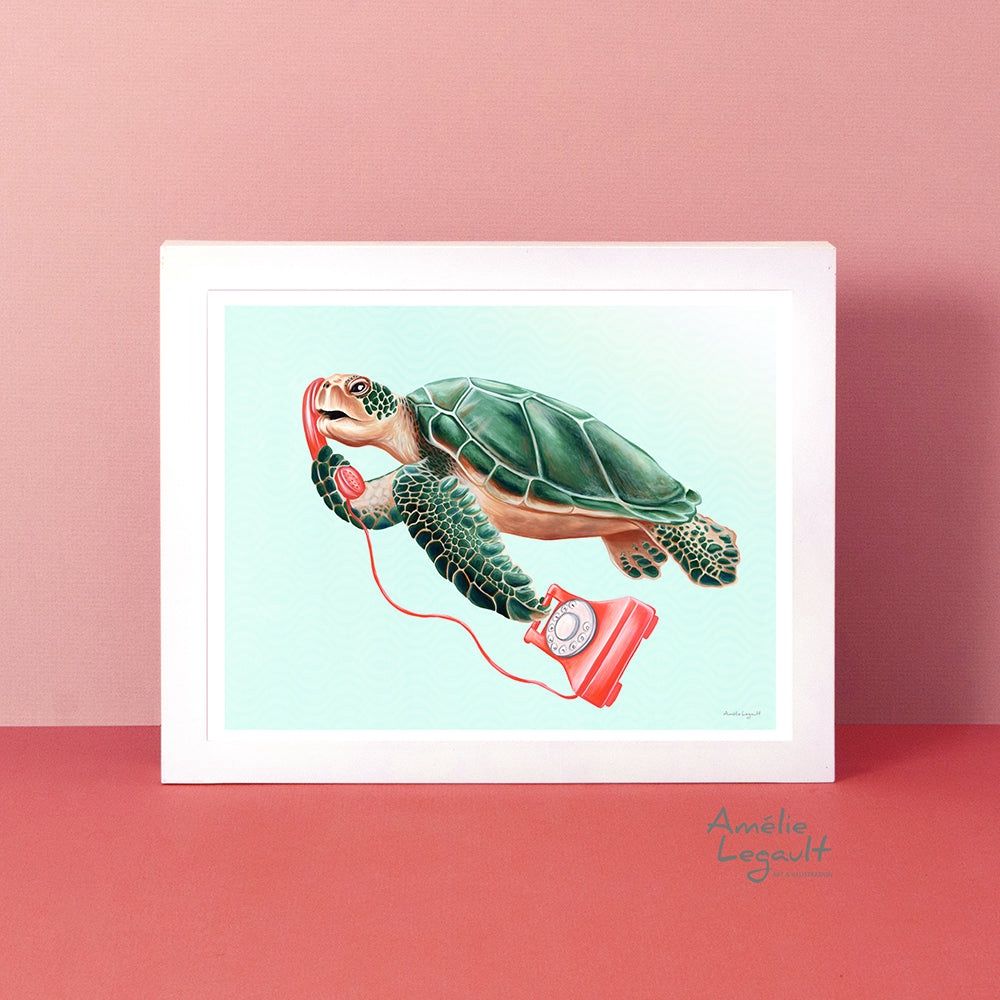 Tortue au téléphone - Affiche murale