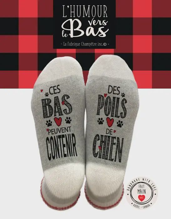 Bas de laine &quot;Ces bas peuvent contenir des poils de chien&quot;