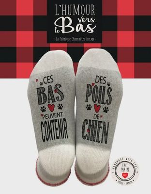 Bas de laine &quot;Ces bas peuvent contenir des poils de chien&quot;