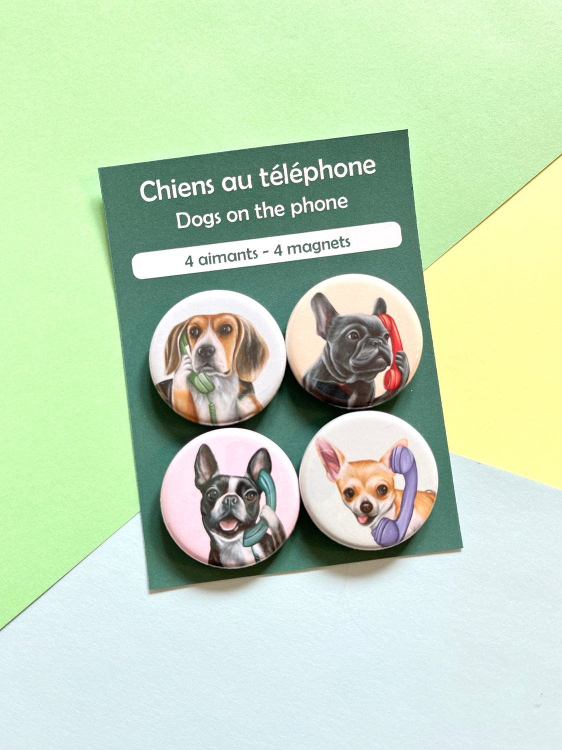 Aimants - Chien au téléphone (ensemble de 4), LANGUAGE: French