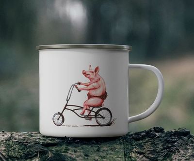 Tasse en émail cochon à vélo