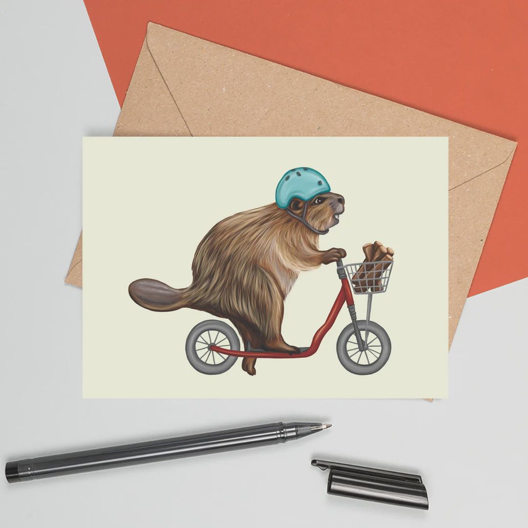 Castor en trotinette - Carte de souhait