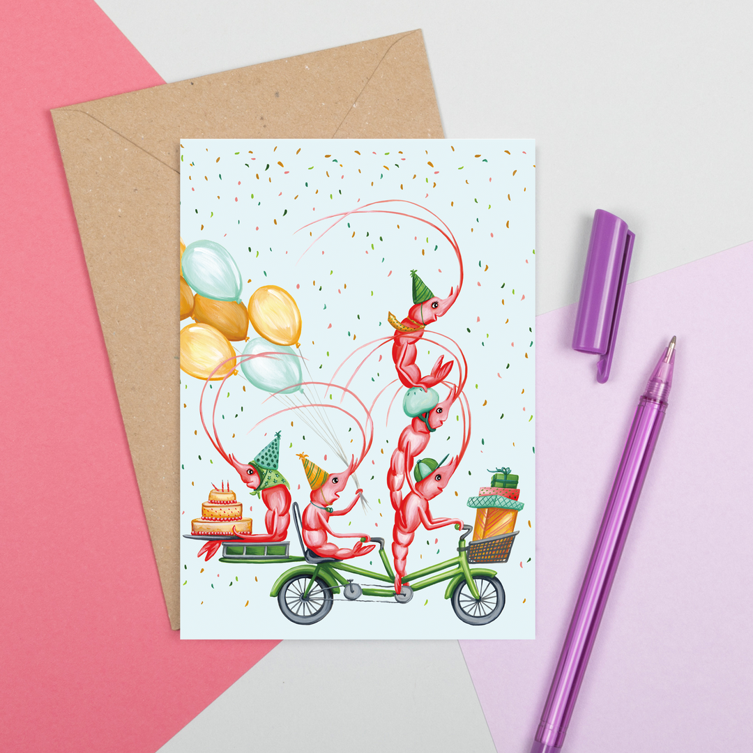 Jeanette la crevette et ses amis en vélo - Carte de souhait