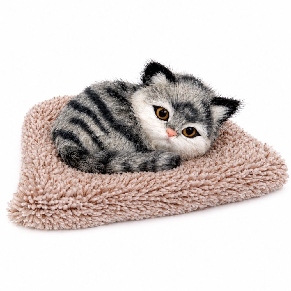 Peluche chat tigré gris yeux ouvert