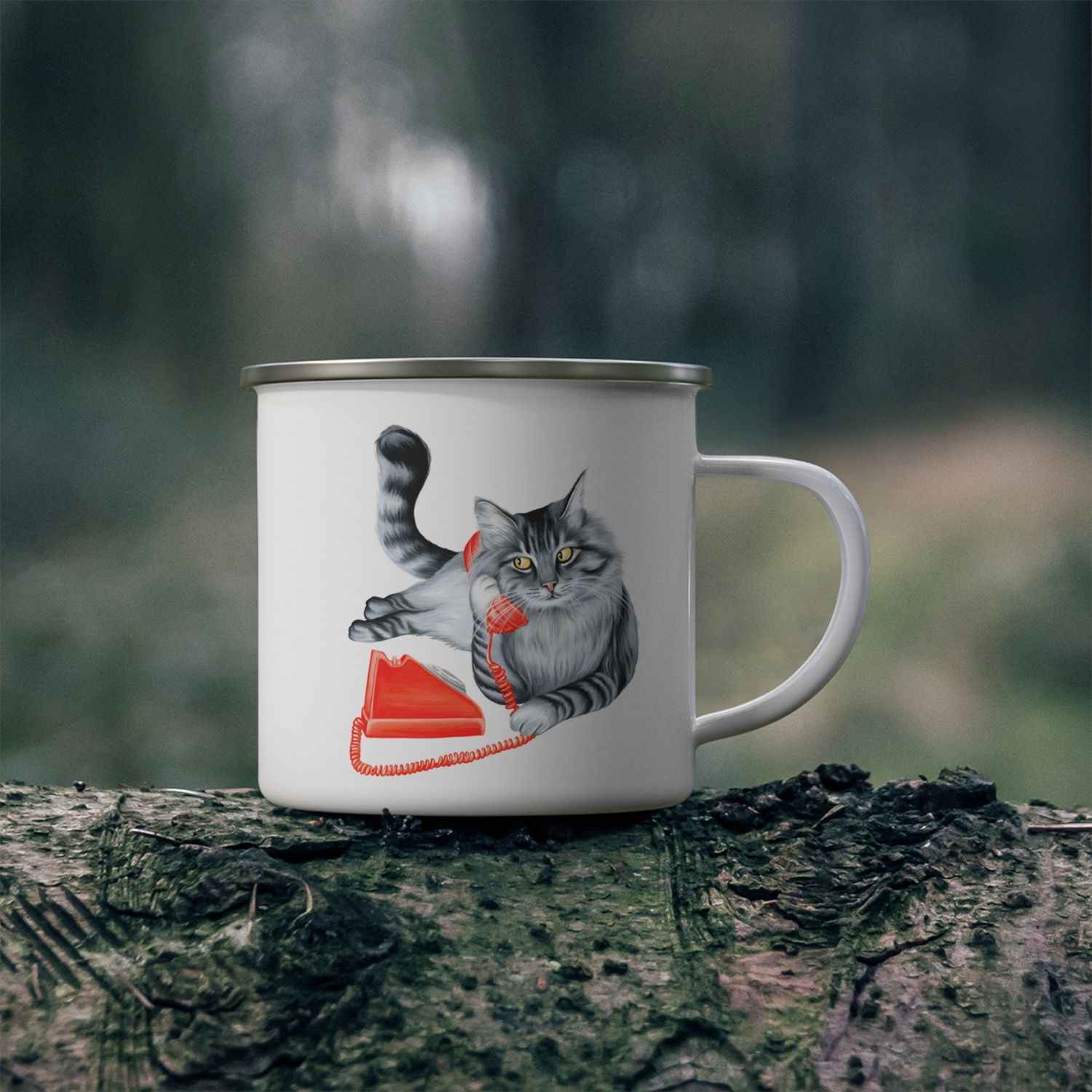 Tasse en émail chat au téléphone
