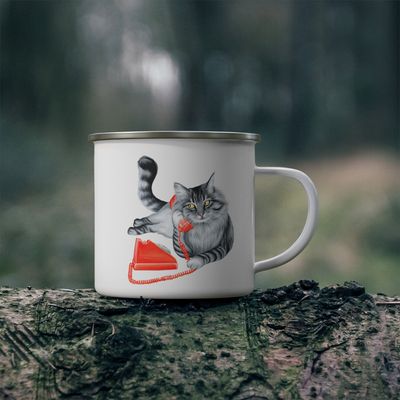 Tasse en émail chat au téléphone