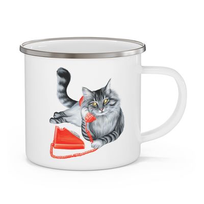 Tasse en émail chat au téléphone
