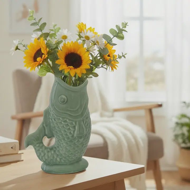 Vase en céramique texturée en forme de poisson, Color: Vert