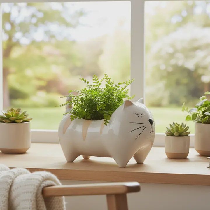 Cache-pot en céramique (chat à rayures)