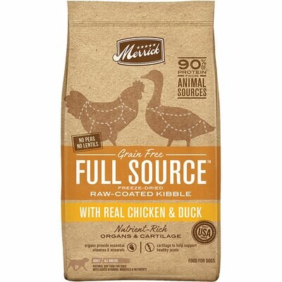 **CHECK OUT BULK SAVINGS** MERRICK FULL SOURCE GRAIN-FREE FREEZE-DRIED * RAW-COATED KIBBLE CHICKEN-DUCK DRY DOG FOOD 10 BS (3/22)