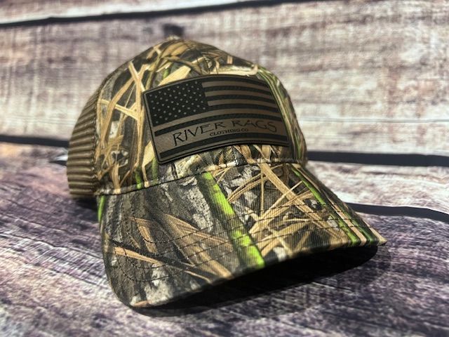 OG River Rags Trucker 111 Mossy Oak Habitat/brown American flag patch