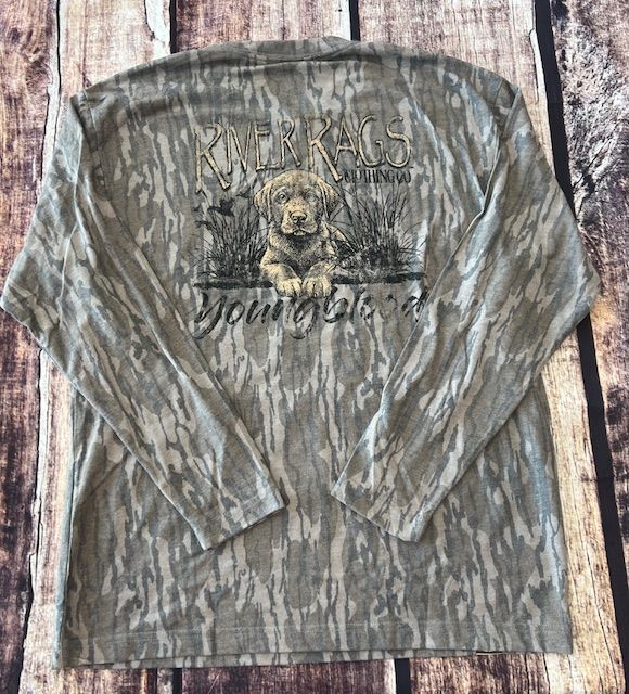 Mossy Oak washed out vintage Camo long sleeve tee Youngblood logo