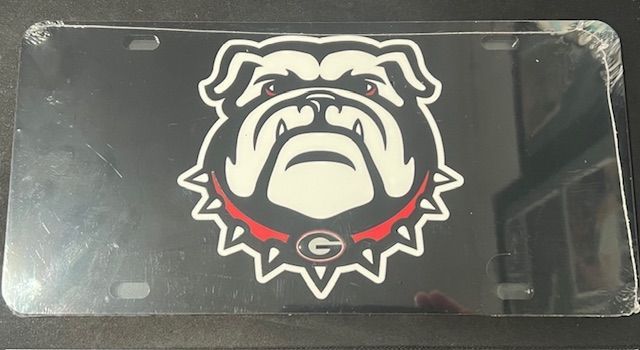 Laser cut inlaid mirror tag black UGA dawg logo
