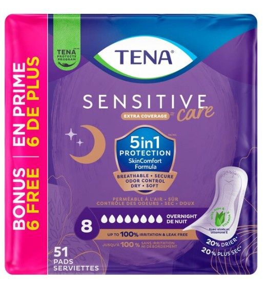 Tena Sensitive extra coverage care with aloe and Vitamin E 45 Pads overnight 20 % drier 20% plus sec  5 in 1 Protection Skin Comfort Formula