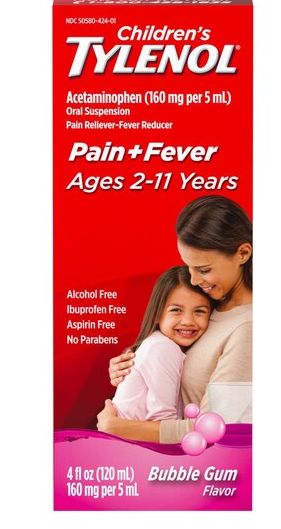 Children's Tylenol Acetaminophen 160 mg per 5mL oral suspension  Pain and Fever Relief Bubble Gum Flavor